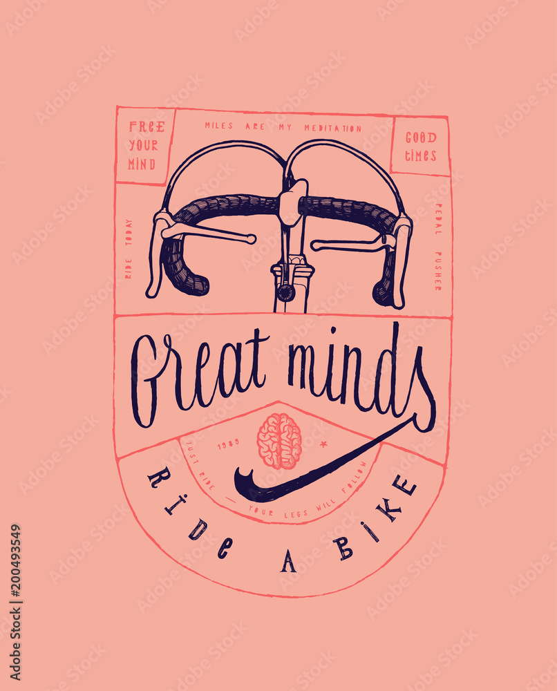 Fototapeta premium great minds ride a bike - vintage bicycle print with steering bars and a brain