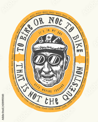 To bike or not to bike - vintage bicycle racer smiling face wearing helmet and glasses