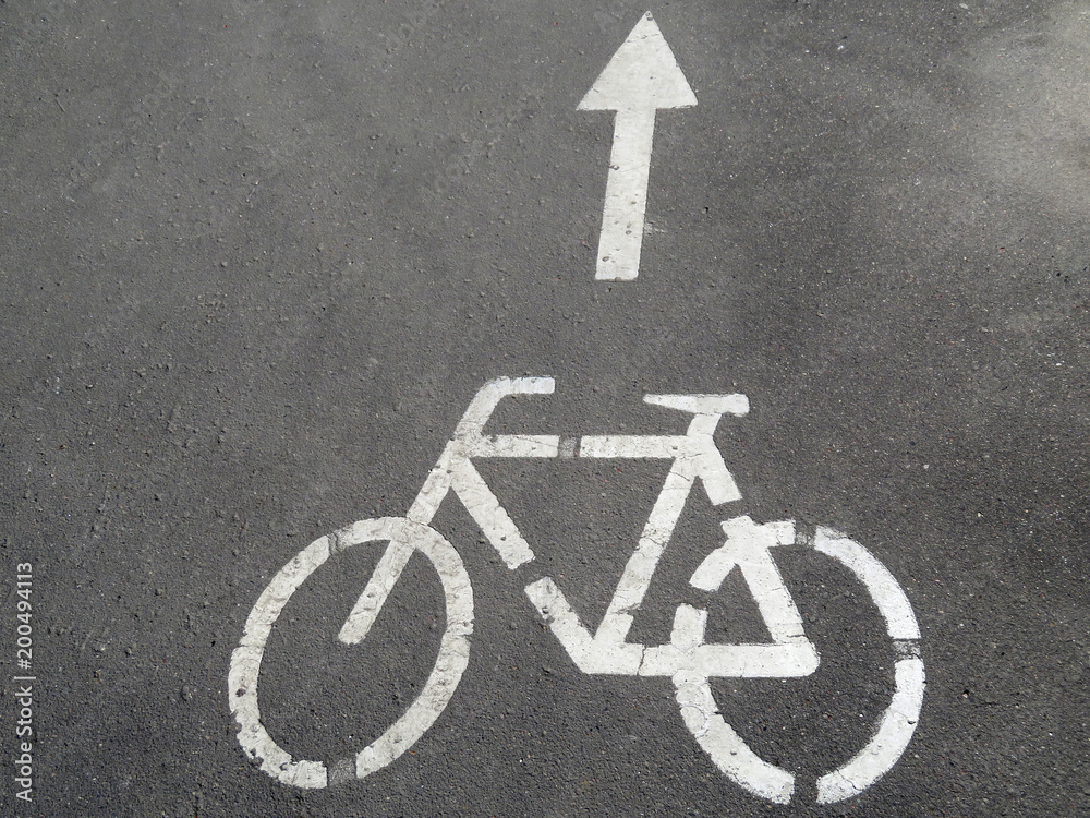 Bicycle road sign and arrow on asphalt. White bicycle symbol on the street and direction of movement Bicycle road sign and arrow on asphalt. White bicycle symbol on the street and direction of movement