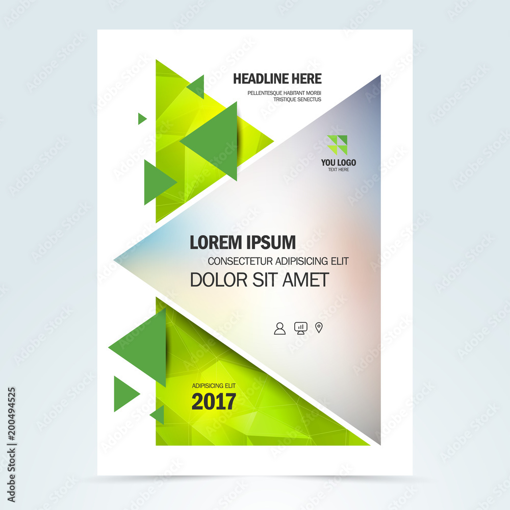 Brochure template design magazine cover, flyer print size A4 booklet business report, geometric triangles polygonal