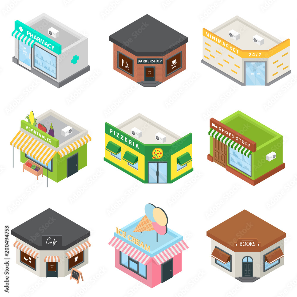 Store facade front shop icons set. Isometric illustration of 9 store facade front shop vector icons for web