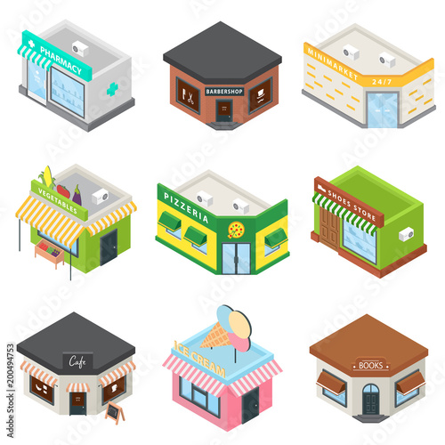 Store facade front shop icons set. Isometric illustration of 9 store facade front shop vector icons for web