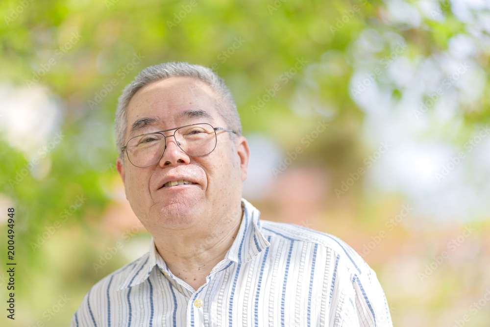 自然の緑背景とシニア日本人男性 自然の緑背景とシニア日本人男性