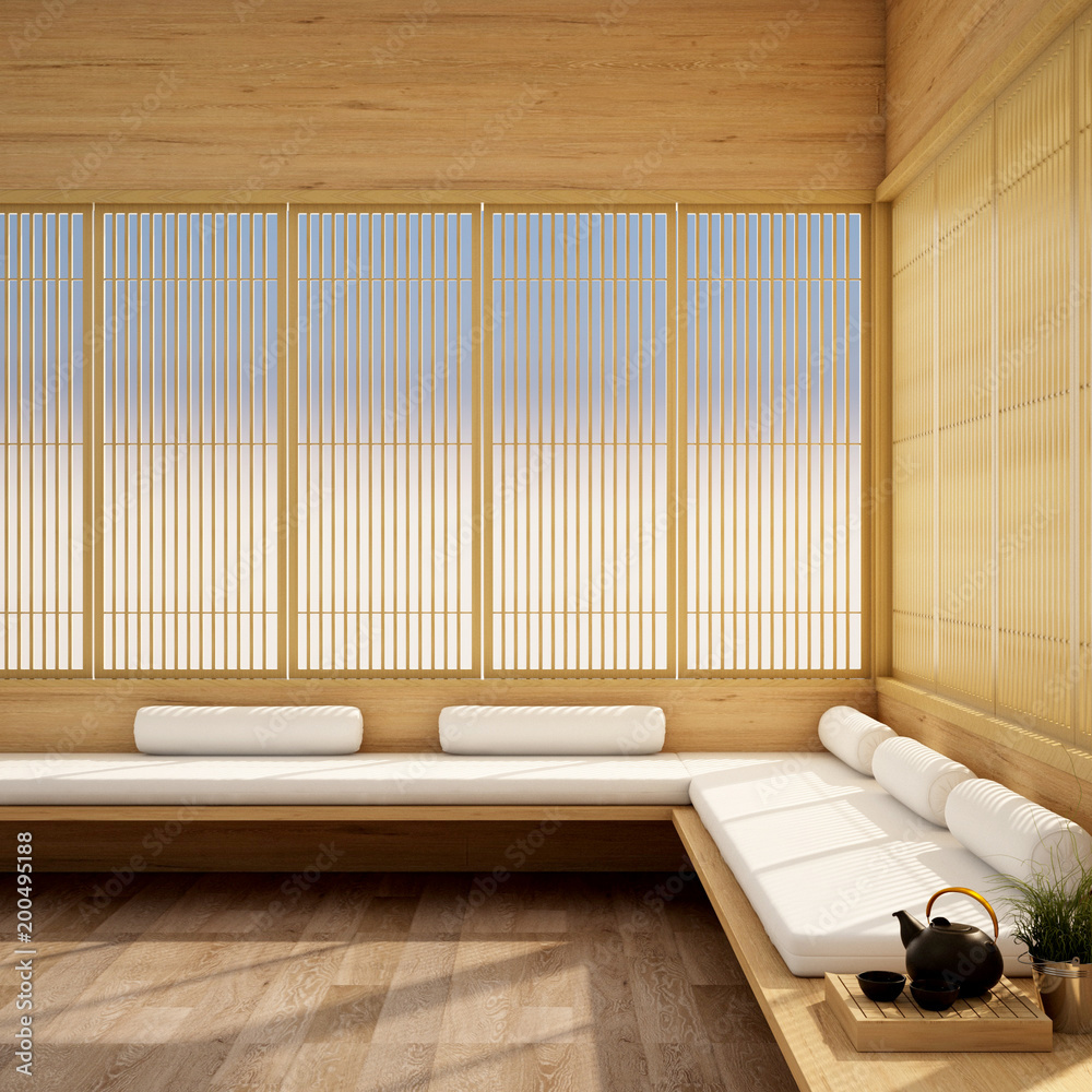 interior design,modern living room with table,wood floor and tatami mat and  traditional japanese door on best window view ,was designed specifically in  Japanese style, 3d illustration, 3d rendering Stock Illustration | Adobe