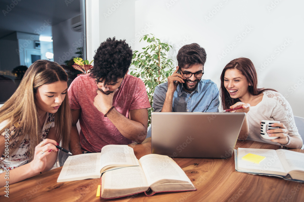 Group of multi ethnic young students preparing for exams in home interior. Group of multi ethnic young students preparing for exams in home interior.