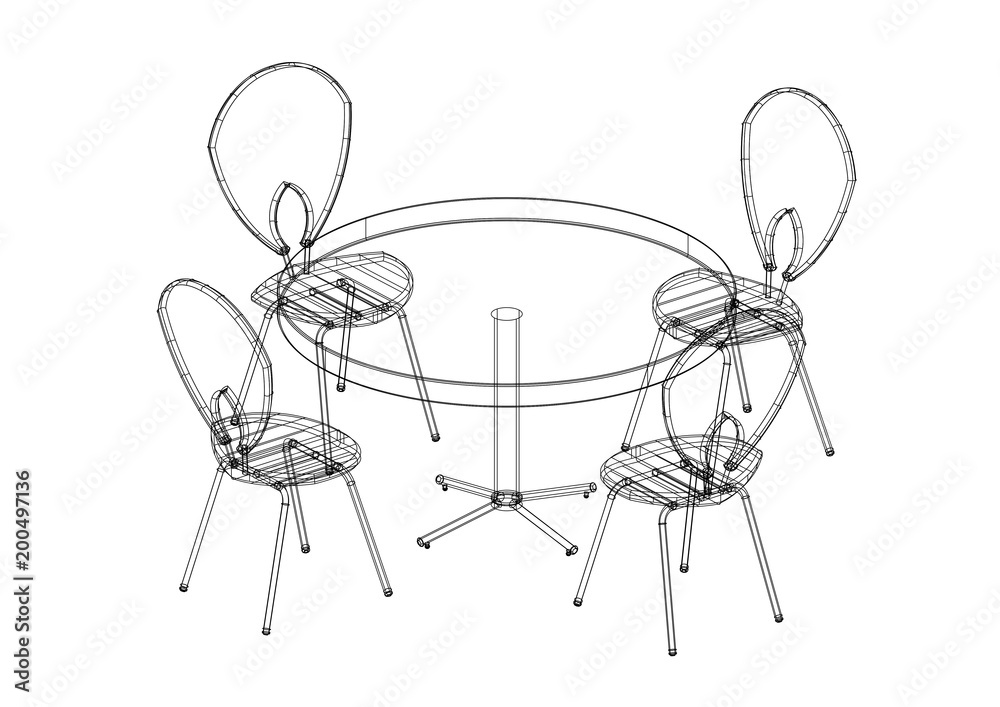 Table And Chairs set 3D blueprint - isolated