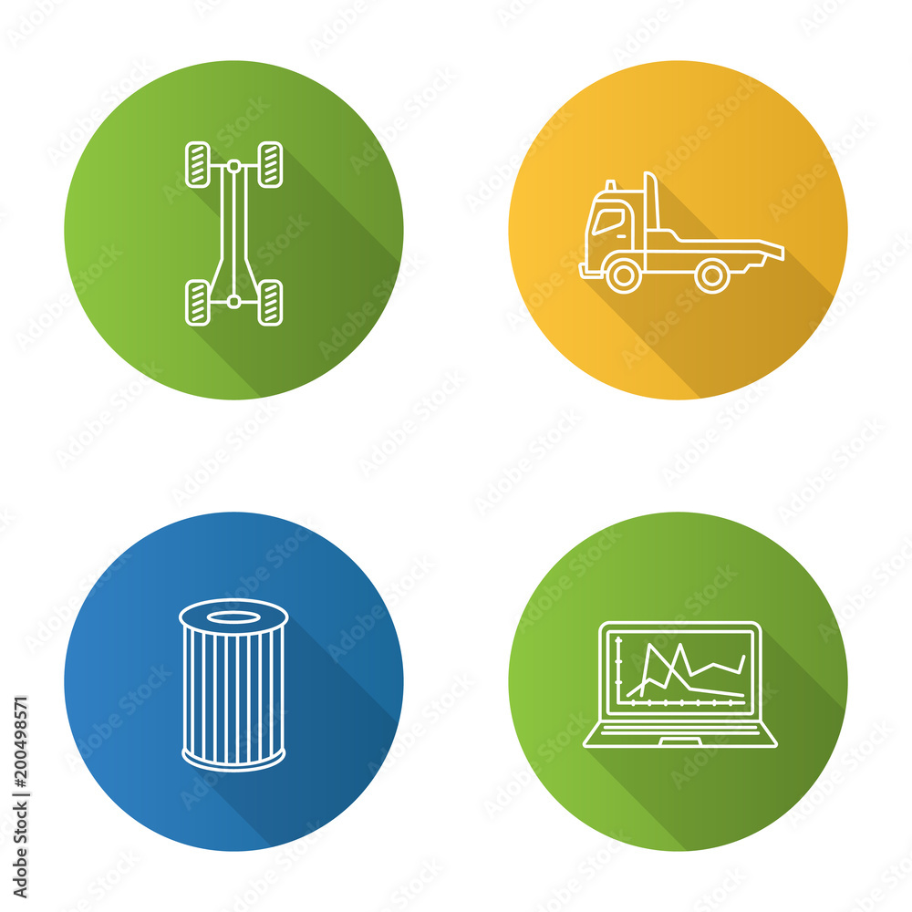 Auto workshop flat linear long shadow icons set Auto workshop flat linear long shadow icons set