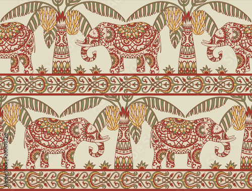 Seamless pattern with elephant and palm trees in ethnic style. Folk tradition decorative ornament in muted red, green and yellow colors. Vector illustration.