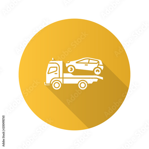 Tow truck flat design long shadow glyph icon