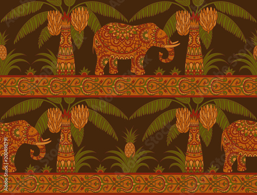 Seamless pattern with elephant, palm trees and pineapples in ethnic style. Folk tradition decorative ornament on the dark background. Vector illustration.