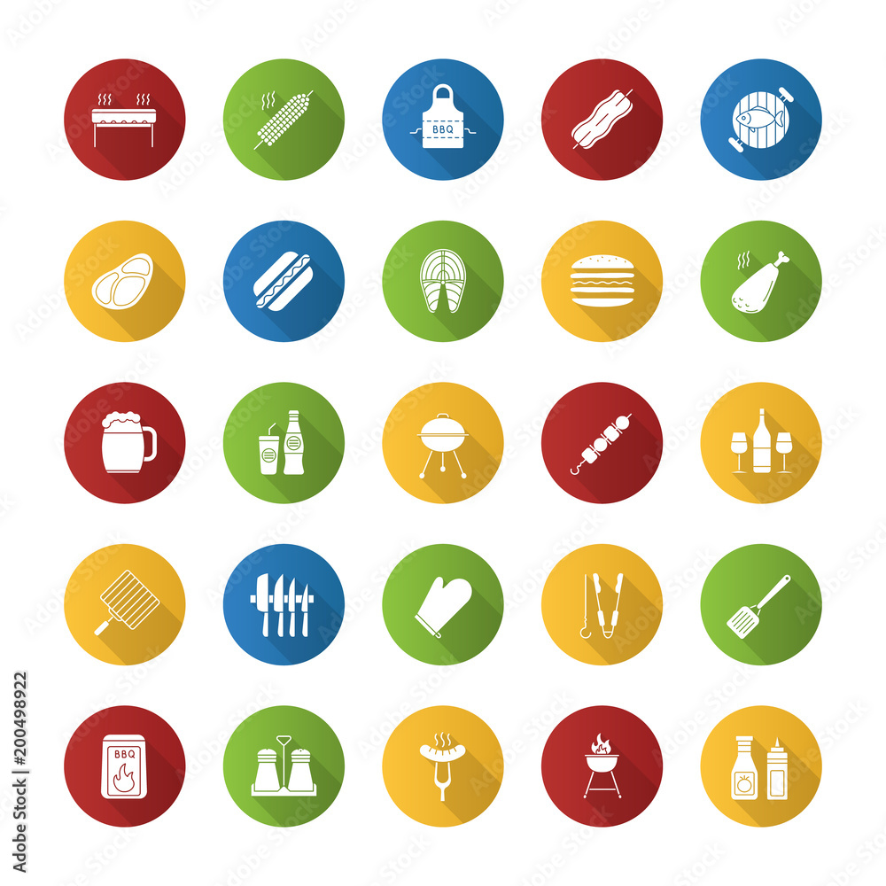 Barbecue flat design long shadow glyph icons set Barbecue flat design long shadow glyph icons set