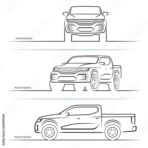 Vector car silhouettes. Front, side and perspective view of off-road suv pickup truck