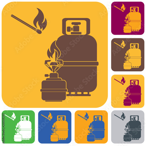 Camping stove with gas bottle icon vector