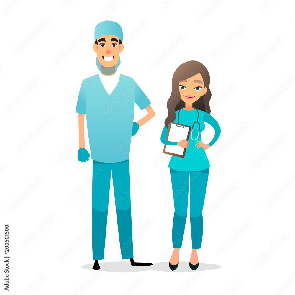 Doctor and nurse team. Cartoon medical staff. Medical team concept. Surgeon, nurse on hospital. Professional health workers. Flat vector characters isolated on white