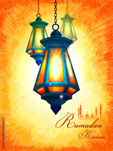 Illuminated lamp for Ramadan Kareem Greetings for Ramadan background with Islamic Mosque