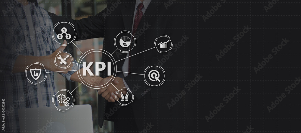 Fototapeta premium Key Performance Indicator (KPI) using Business Background with infographic versus planned target, person touching screen icon, success concept.