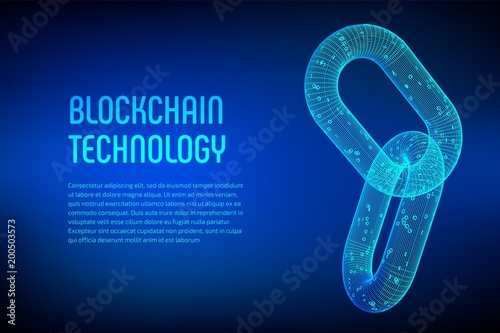 Block chain. Crypto currency. Blockchain concept. 3D wireframe chain with digital code. Link wireframe sign. Internet technology. Editable cryptocurrency template. Stock vector illustration.