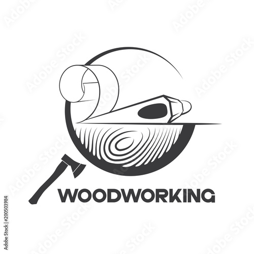 
an illustration consisting of an image of an ax plowing a tree and the inscription "woodworking"