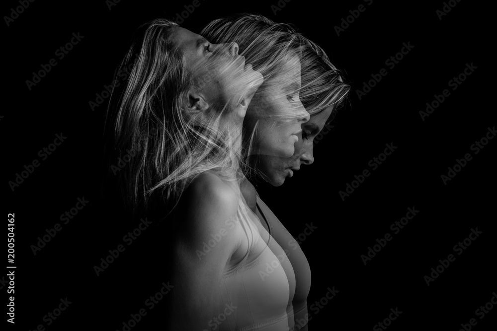 Beautiful dramatic phantom mystical mysterious ambiguous original conceptual profile side portrait of young blonde woman on a black background. Black and white photo. triple exposure. - obrazy, fototapety, plakaty 