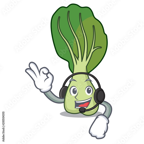 With headphone bok choy mascot cartoon
