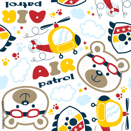 seamless vector pattern with funny helicopter pilot cartoon