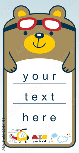 funny animal cartoon vector character on paper or board template, funny bear the helicopter pilot 