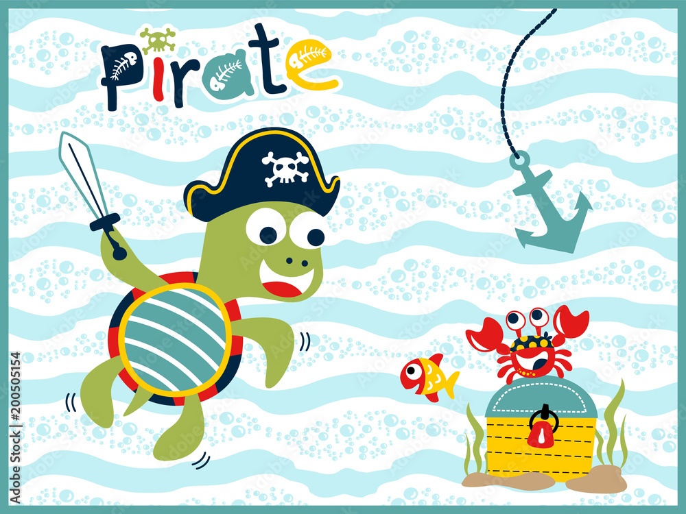 Obraz premium funny pirate cartoon vector underwater with treasure chest
