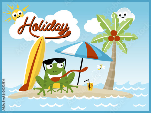 holiday in beach with funny frog cartoon vector