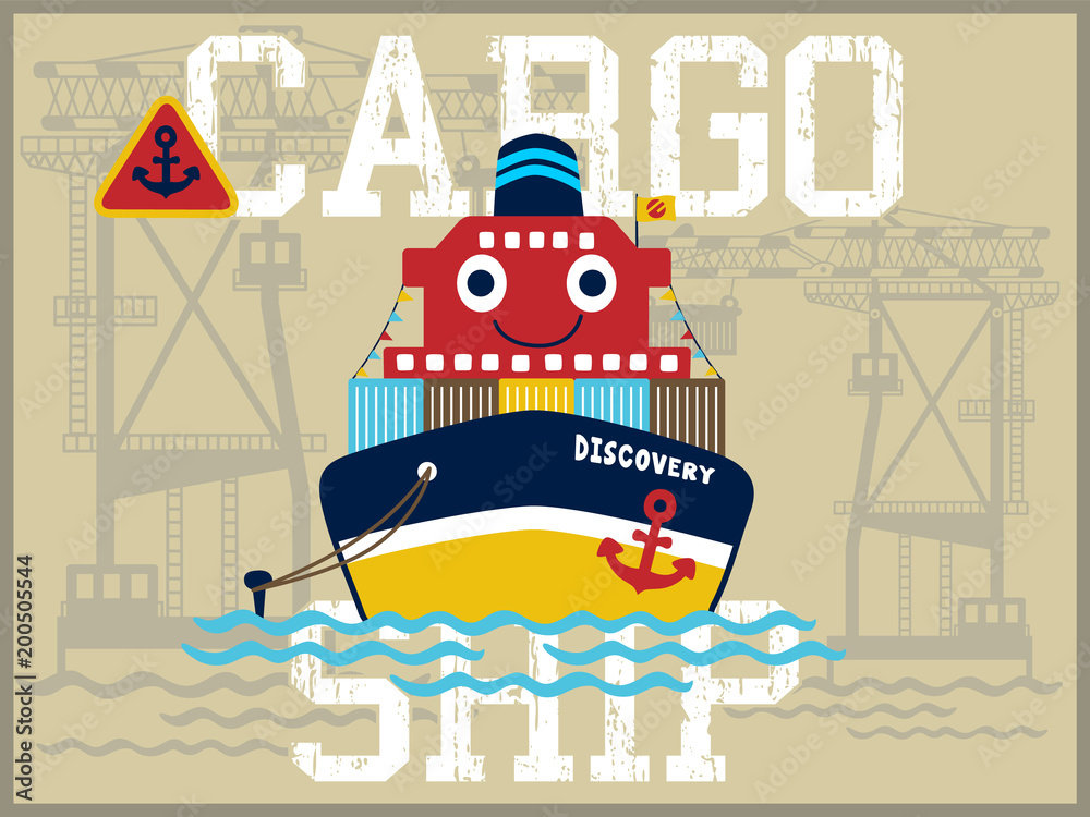 Obraz premium funny cargo ship cartoon vector in the port