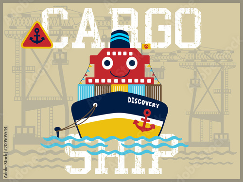 funny cargo ship cartoon vector in the port