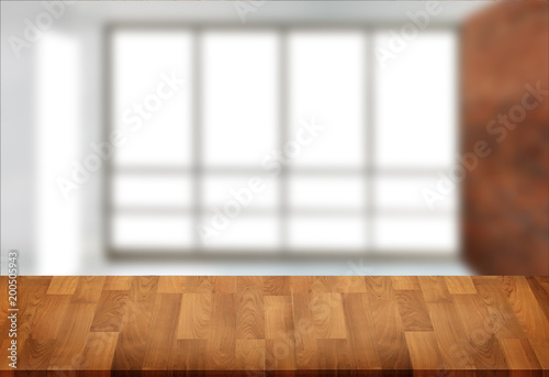 Wooden board empty table  window blurred background can be used for display or montage your products and Mock up