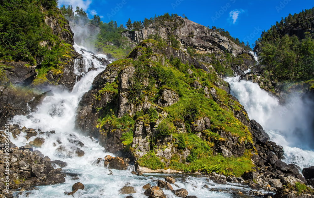Beautiful Latefossen (Latefoss) - one of the biggest waterfalls in Norway, Scandinavia, Europe. Artistic picture. Beauty world