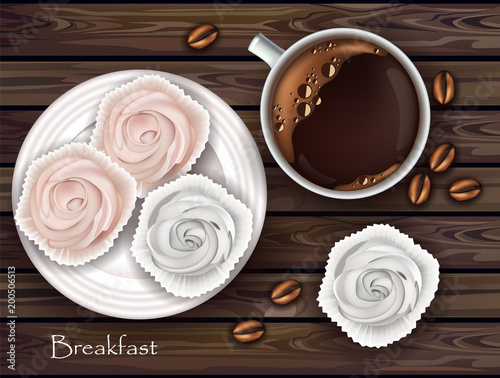 Sweet meringues and coffee Vector. Realistic 3d illustration. Top views