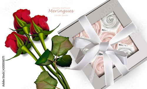 Red Roses bouquet and meringues Vector. Realistic 3d illustrations. Gift box