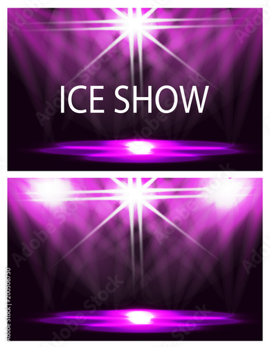 Two cards. The inscription is an ice show. Stage lighting, podium, spotlights. Confetti is flying. Purple background. illustration