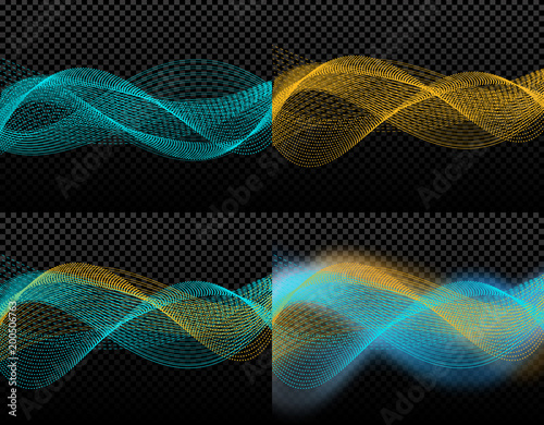 Four card. Light effects. Abstract discrete waves of golden and blue in the glow of the glow. Harmonics. On a checker background. illustration