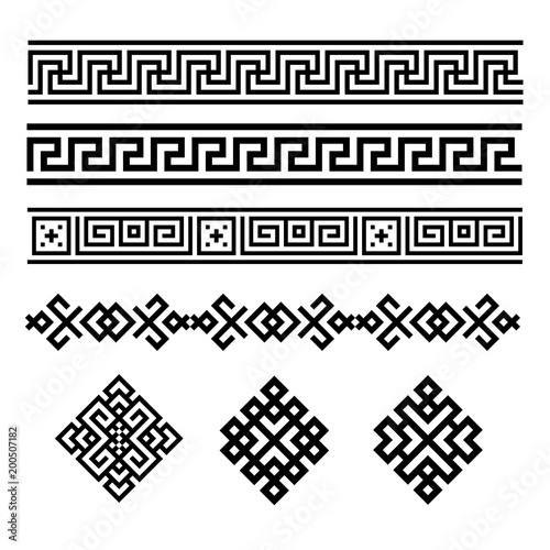 A set of black and white geometric designs. Signs and borders. Vector illustration