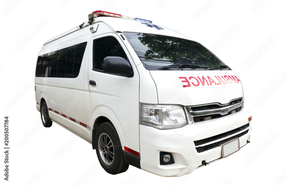 Naklejka premium Ambulance car isolated on white background of file with Clipping Path .