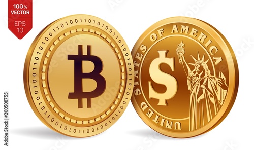 Bitcoin. Dollar. 3D isometric Physical coins. Digital currency. Cryptocurrency. Golden coins with Bitcoin and Dollar symbol isolated on white background. Vector illustration.