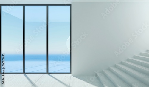 3D illustration. A modern room with panoramic window and sea view. Interior concept. Architectural background.