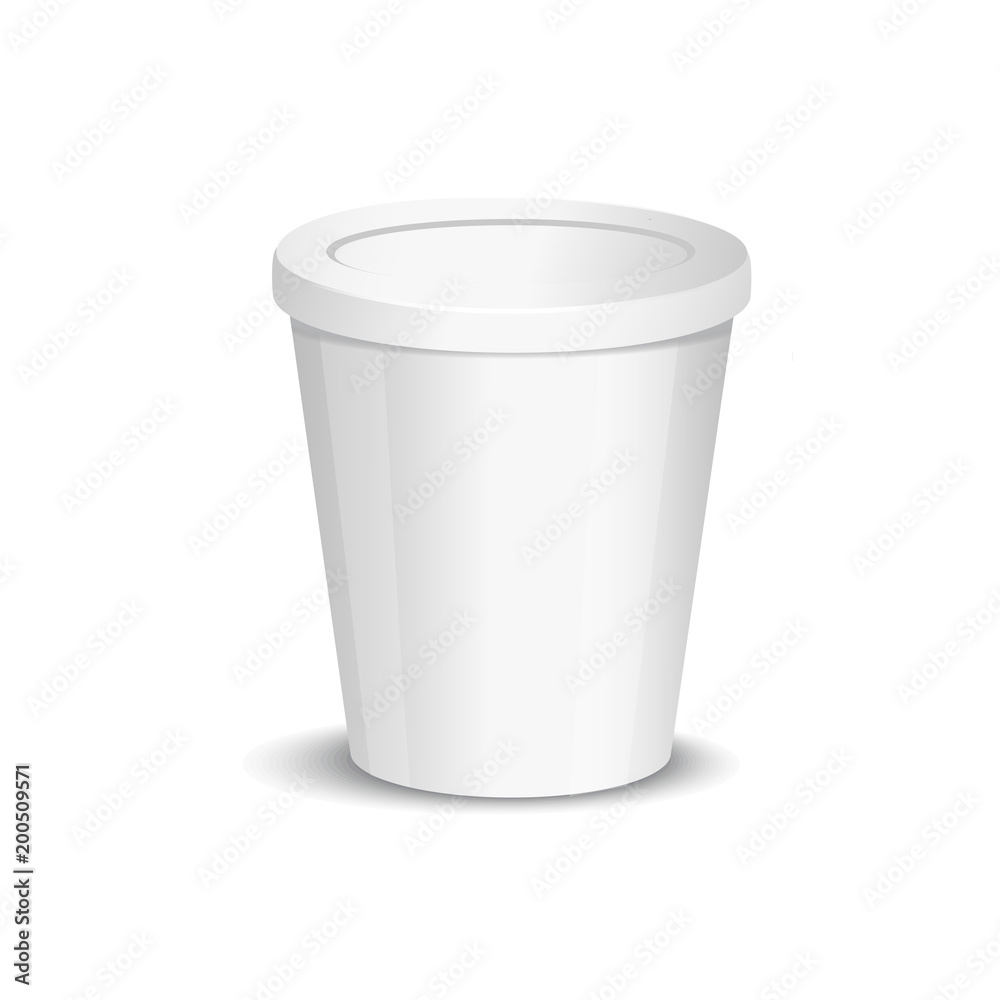 Vector realistic yogurt, ice cream or sour creme package on white backgrounnd. 3D illustration. Mock up of container isolated. Template for your design. Side view. Diminishing perspective Vector realistic yogurt, ice cream or sour creme package on white backgrounnd. 3D illustration. Mock up of container isolated. Template for your design. Side view. Diminishing perspective