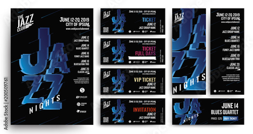 set of templates for poster, tickets, banners and music program. Idea for Jazz event. cmyk colors.