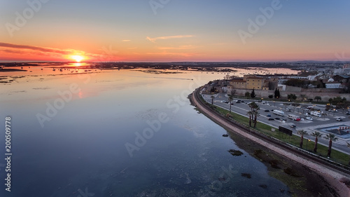 Aerial. Delightful sunrise above the old town of Faro Portugal.