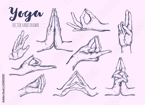 Vector hand drawn set of mudras. Isolated on white. Yoga. Spirituality. Colorful