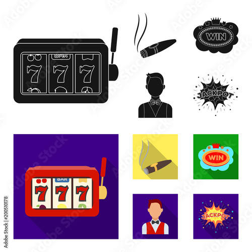 A gaming machine a one-armed bandit, a cigar with smoke, a five-star hotel sign, a dilettante in a vest. Casinos and gambling set collection icons in black, flat style vector symbol stock illustration photo