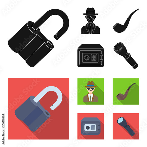 Lock hacked, safe, smoking pipe, private detective.Detective set collection icons in black, flat style vector symbol stock illustration web.