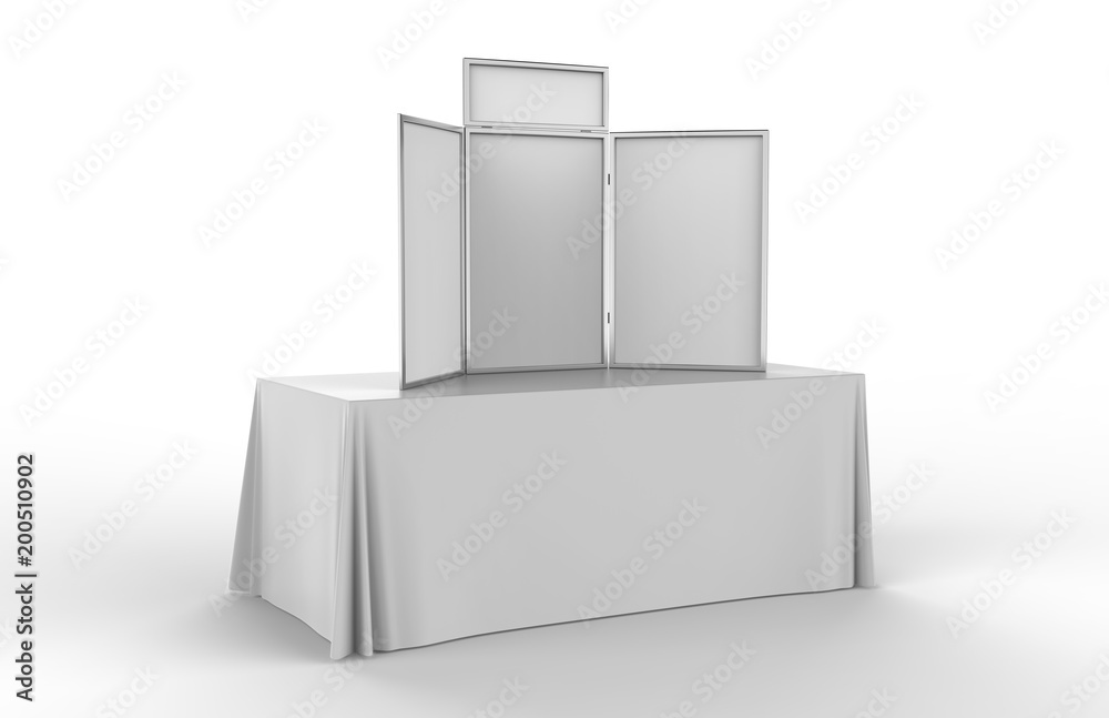 Table top folding display board for trade show. 3d render illustration.