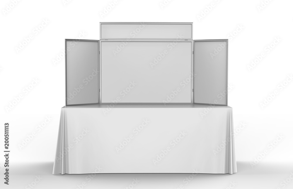 Table top folding display board for trade show. 3d render illustration. Table top folding display board for trade show. 3d render illustration.