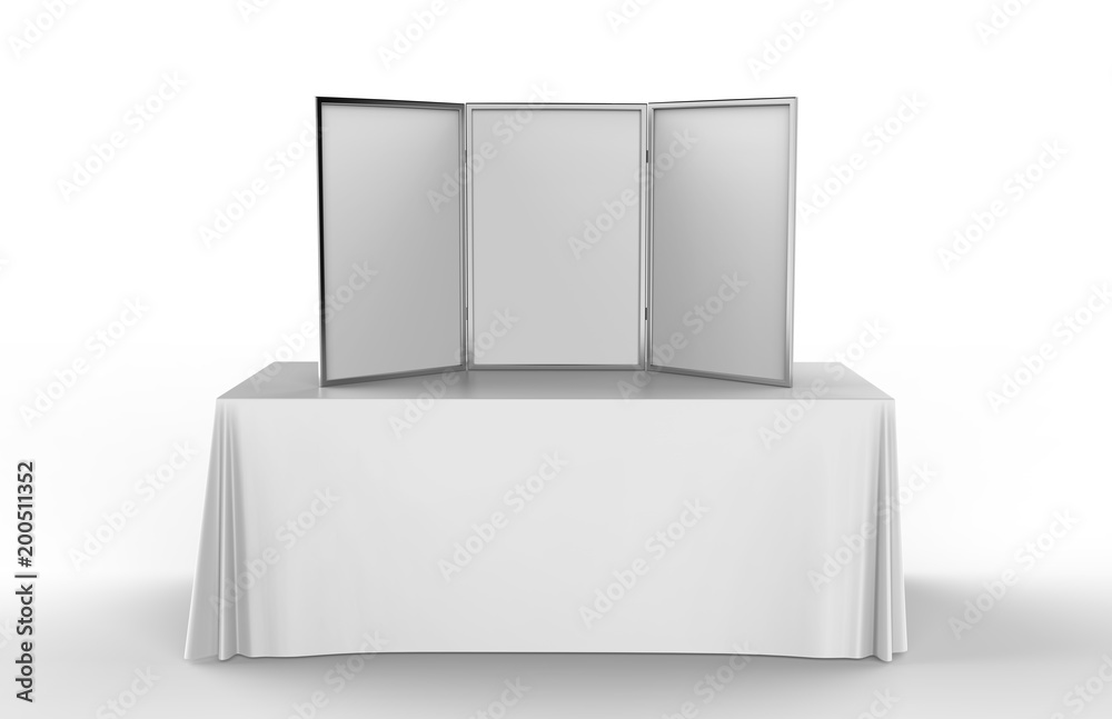 Table top folding display board for trade show. 3d render illustration