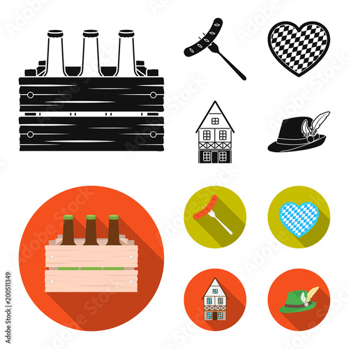 Box with beer, fried sausage, heart of the festival, bavarian cottage. Oktoberfest set collection icons in black, flat style vector symbol stock illustration web.